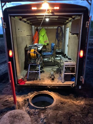 Sewer Inspection Truck at Manhole With Equipment and Sewer Crawler